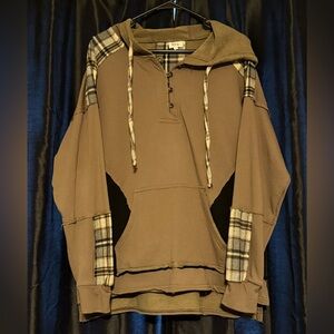 BKE Taupe Hoodie with Plaid Details